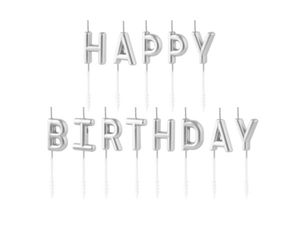 Zestaw świeczek urodzinowych HAPPY BIRTHDAY napis SREBRNY - obrazek 2