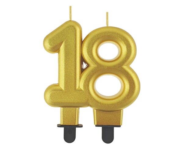 Świeczka liczba 18 URODZINY, złota, metaliczna, B&C, 8 cm - obrazek 2