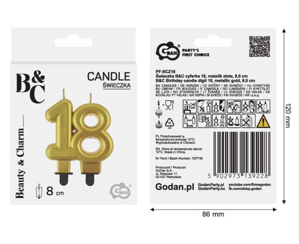 Świeczka liczba 18 URODZINY, złota, metaliczna, B&C, 8 cm - obrazek 3