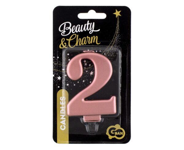 Świeczka cyferka "2"  metalik różowo-złota, 8,0 cm - obrazek 2
