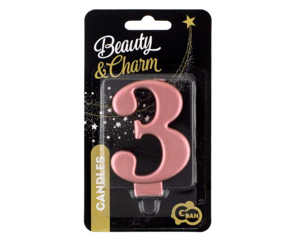 Świeczka cyferka "3" metalik różowo-złota, 8,0 cm - obrazek 2