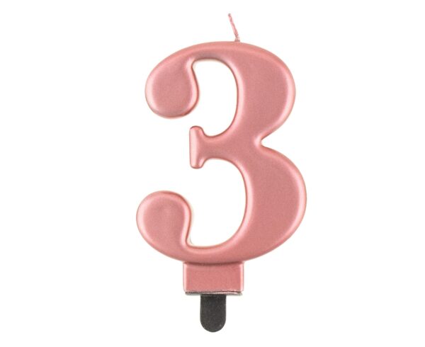 Świeczka cyferka "3" metalik różowo-złota, 8,0 cm - obrazek 4