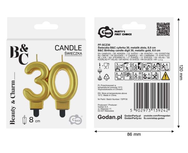 Świeczka liczba 30 URODZINY, złota, metaliczna, B&C, 8 cm - obrazek 2