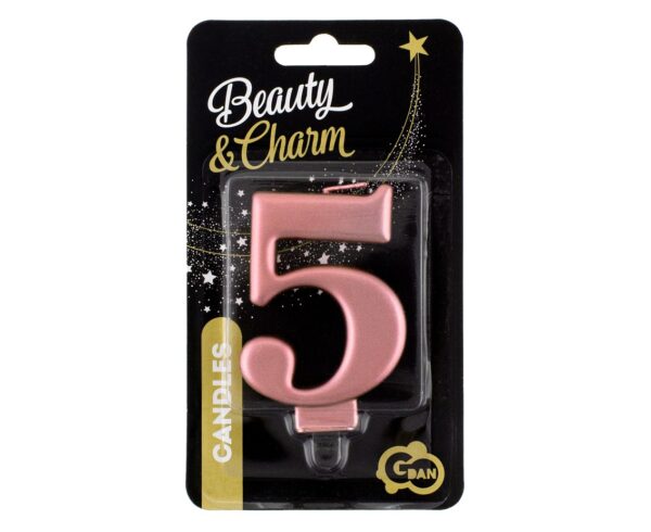 Świeczka cyferka "5" metalik różowo-złota, 8,0 cm - obrazek 2