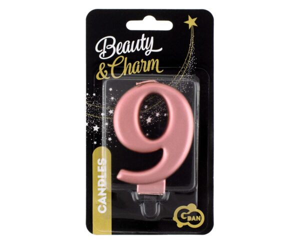 Świeczka cyferka "9" metalik różowo-złota, 8,0 cm - obrazek 2
