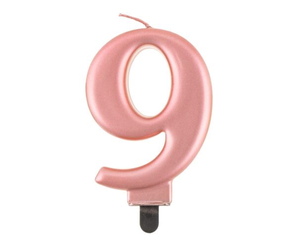 Świeczka cyferka "9" metalik różowo-złota, 8,0 cm - obrazek 4