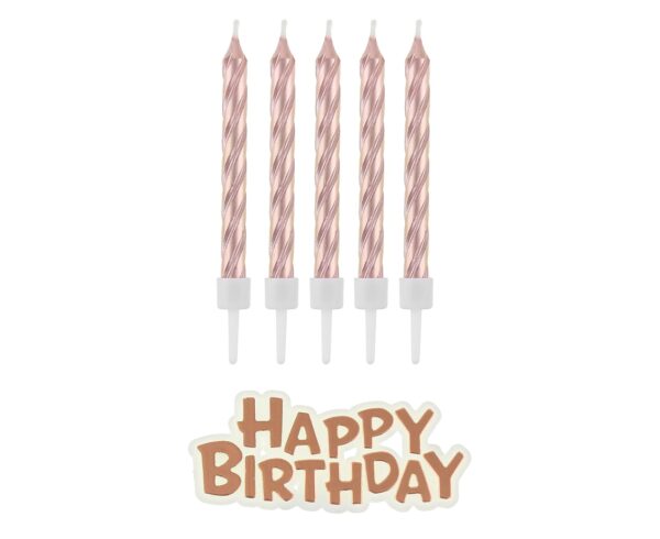 Świeczki B&C urodzinowe Happy Birthday, różowo-złoto 16 szt