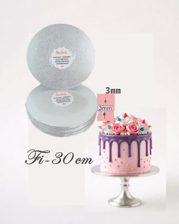 Podkład pod tort okrągły Srebrny 30 cm, h 0,3 cm