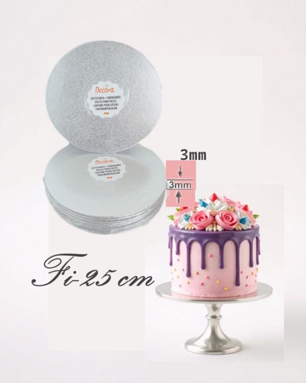 Podkład pod tort okrągły Srebrny 25 cm, h 0,3 cm
