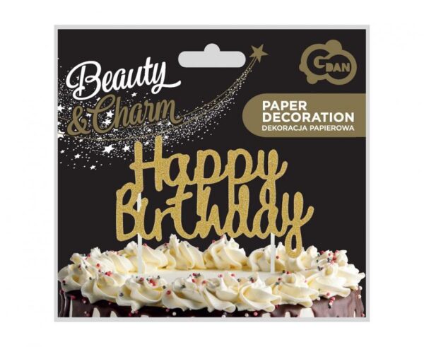 Dekoracja papierowa na tort Happy Birthday, złota, 11x - obrazek 2