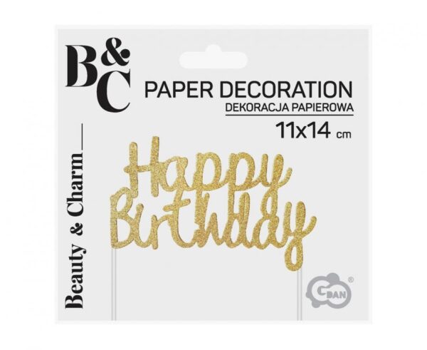 Dekoracja papierowa na tort Happy Birthday, złota, 11x - obrazek 3