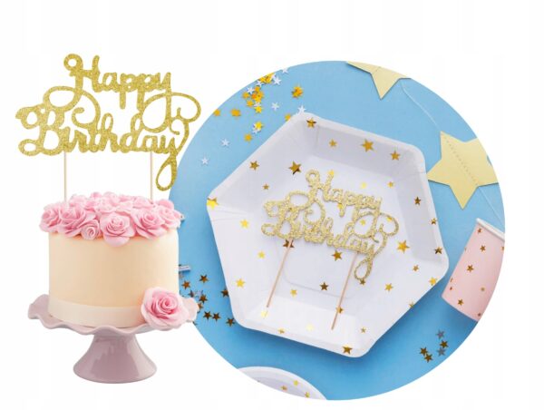 Topper papierowy Happy Birthday złoty