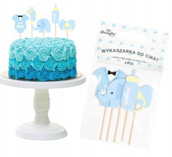 Toppery na tort Baby Shower Słonik niebieskie 5szt - obrazek 2